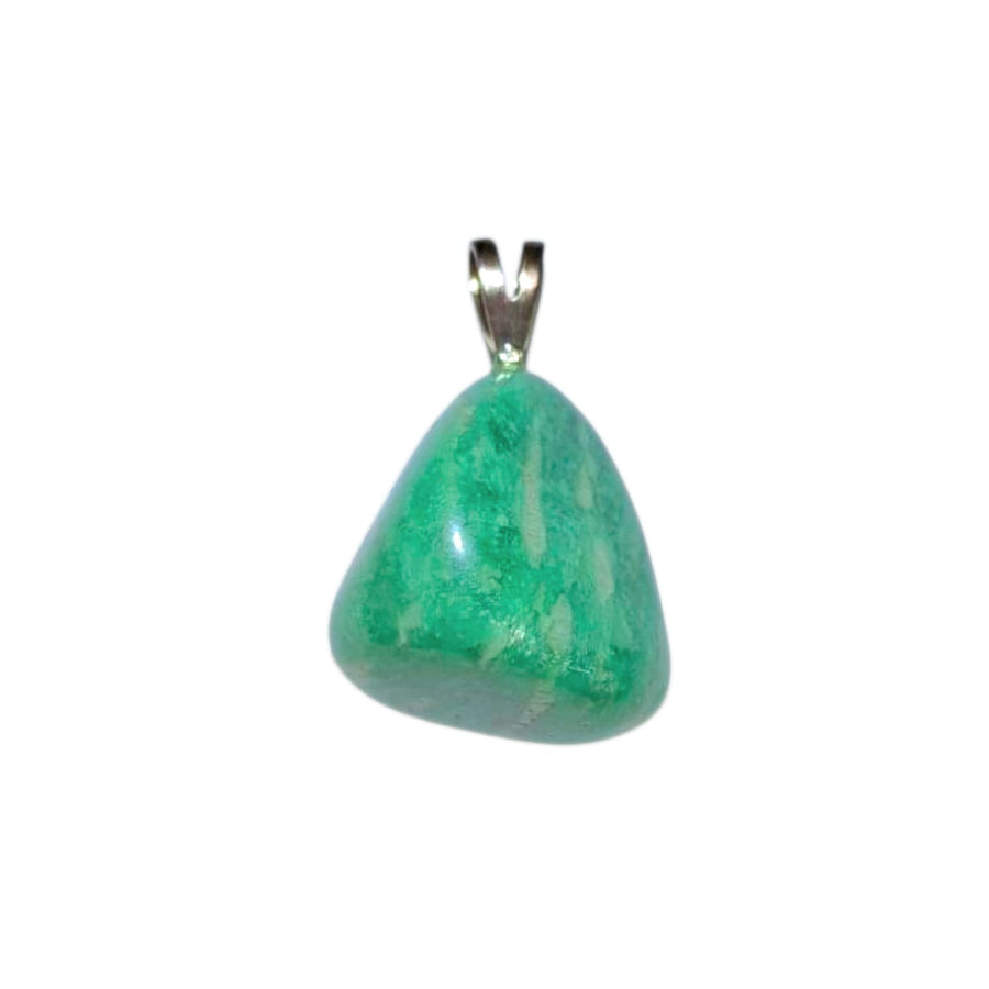 Amazonite crystal pendant in sterling silver setting – calming turquoise and green tones for emotional balance and empowered communication