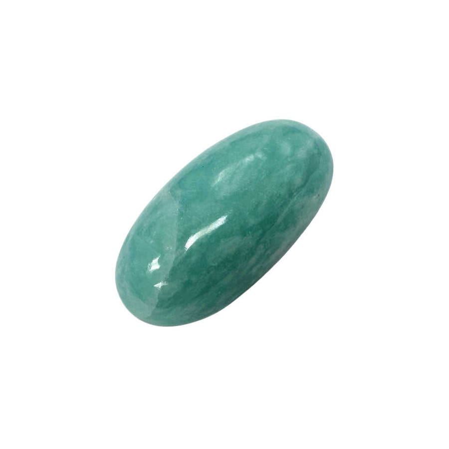 GeoFossils Amazonite Shiva Lingham 45mm – exact crystal shown, polished turquoise-green stone for courage, communication, and emotional balance.