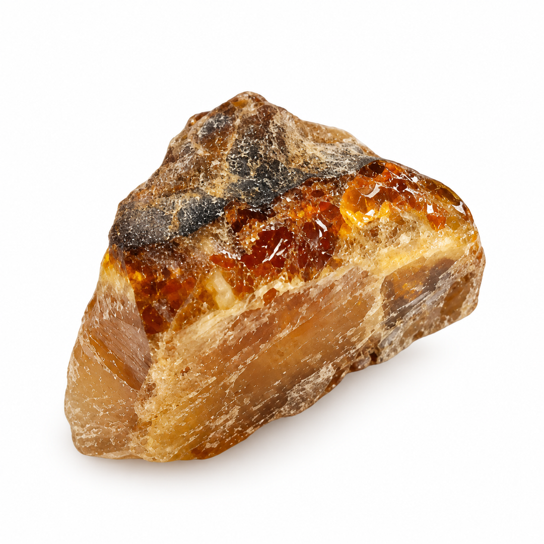 Natural rough Amber specimen displaying warm honey-brown tones, translucent golden areas and an irregular surface, part of the GeoFossils Scorpio Zodiac Crystal Set.