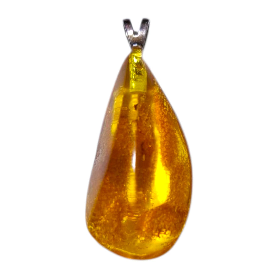 GeoFossils Amber Sterling Silver Pendant – Baltic golden fossilised resin in sterling silver setting – positivity, vitality, and protection jewellery – handmade in the UK.