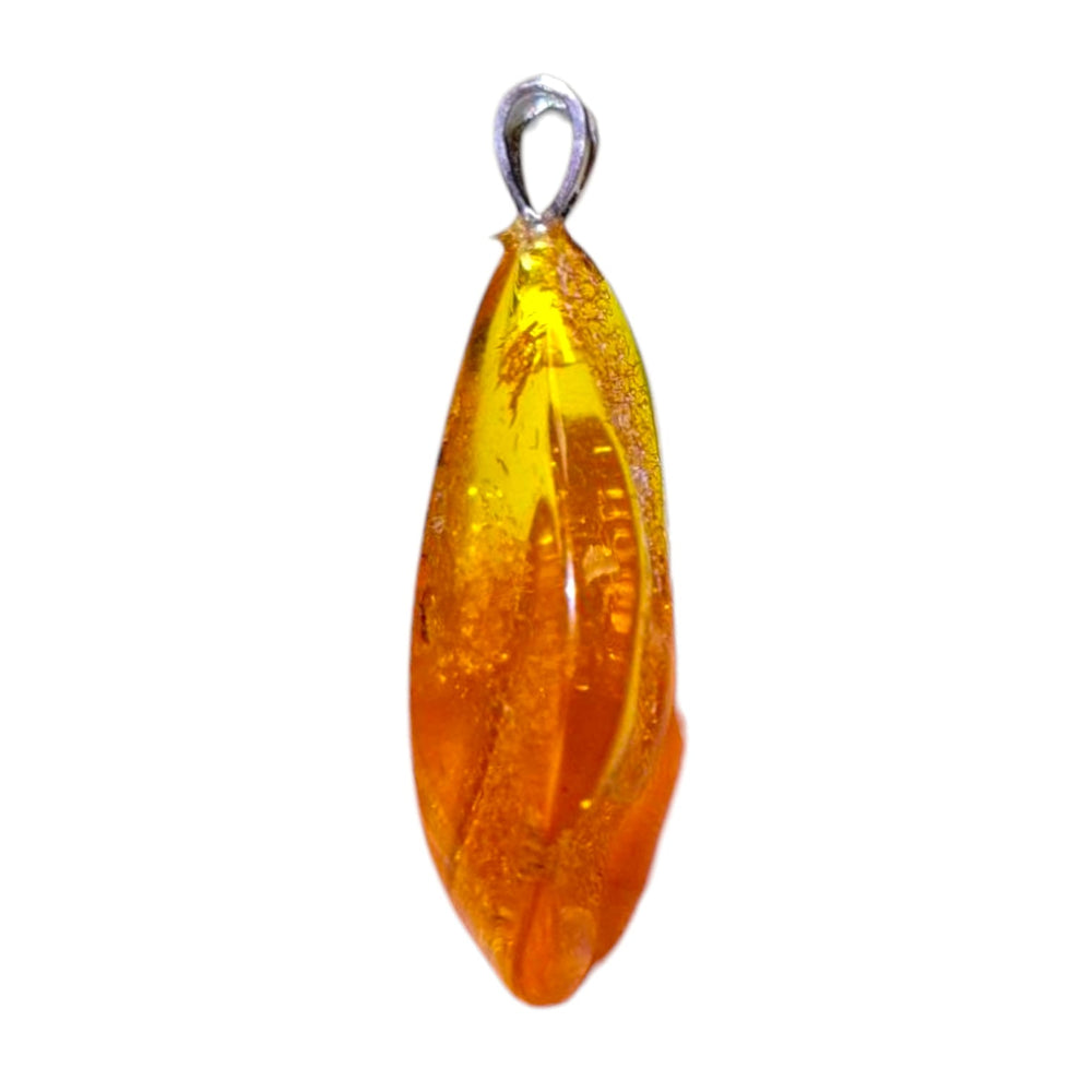 Amber crystal pendant with golden fossilised resin, set in hallmarked sterling silver – warming crystal for vitality and balance with optional chain.