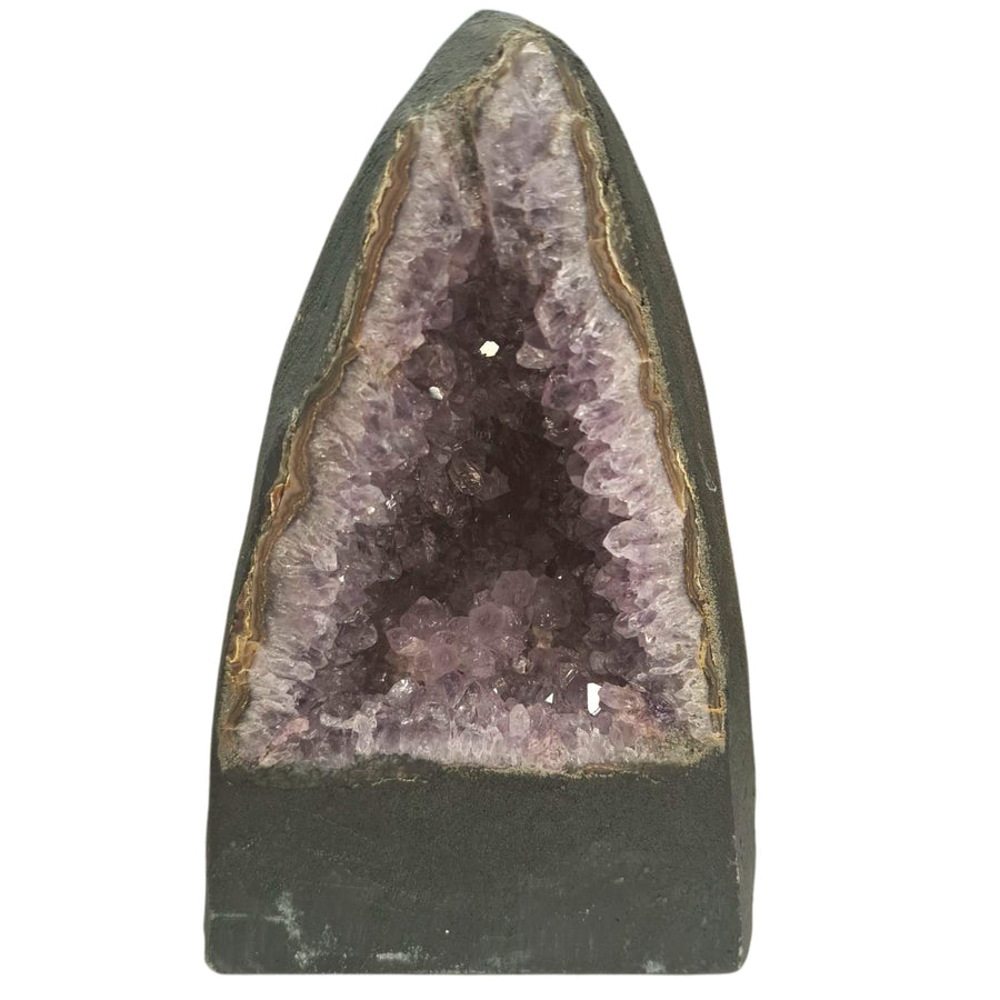 Amethyst geode in a tall, pointed church spire formation with deep purple open-face crystals, 3.42kg, ideal for spiritual focus and sacred décor.