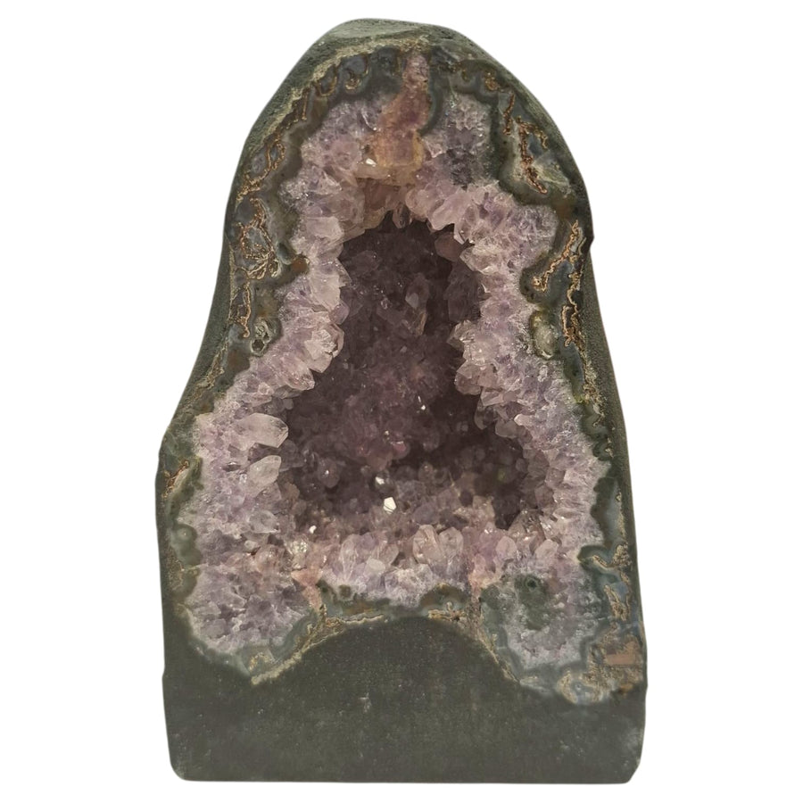 Amethyst geode with deep purple crystals and soft internal curves, 1.76kg, radiating goddess energy and divine feminine presence.