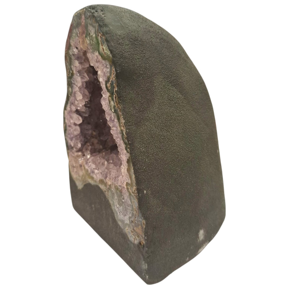 Amethyst geode with deep purple crystals and soft internal curves, 1.76kg, radiating goddess energy and divine feminine presence.