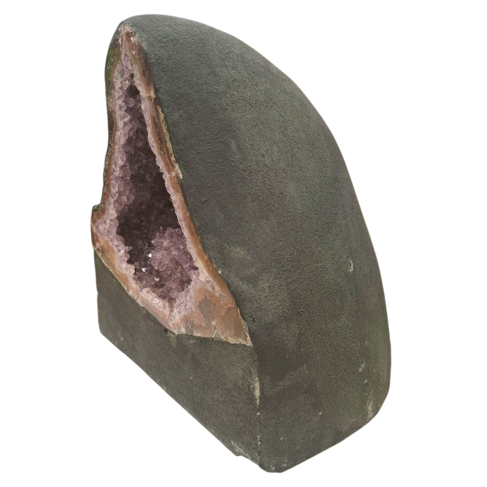 Amethyst geode with natural crystal points in a lotus-like formation, 4.2kg, perfect for meditation spaces, yoga rooms, or energy healing. Side Profile