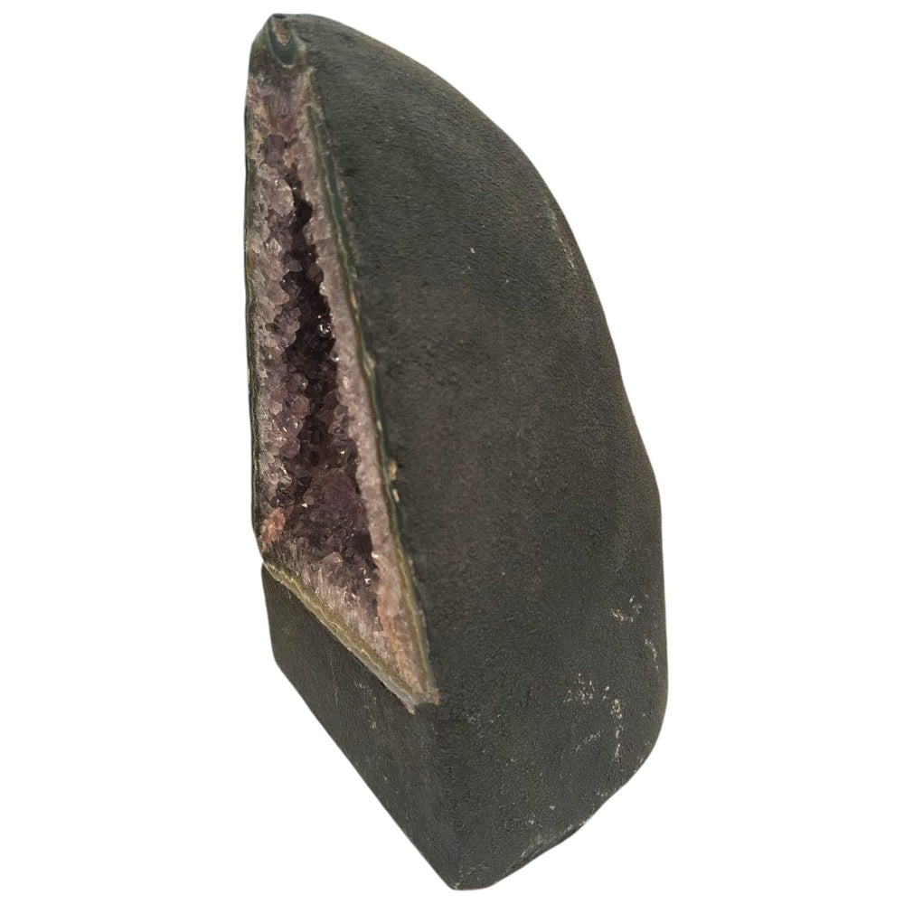 Cathedral-shaped amethyst geode with deep purple crystals in a Madonna-style arch, 2.95kg, perfect for altars and spiritual display. Side Profile