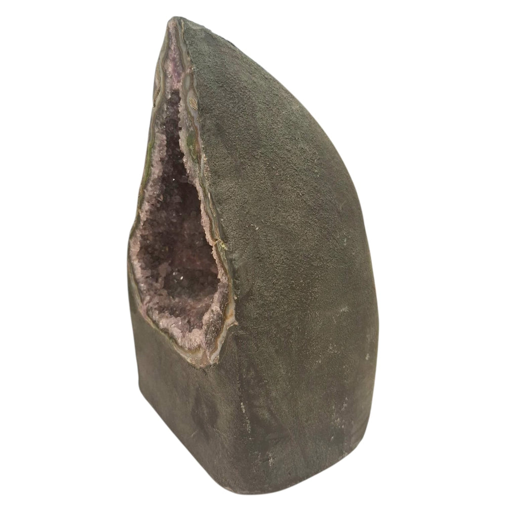 Amethyst geode with internal crystal formation resembling a meditating figure, deep purple crystal points, 2.41kg, perfect for spiritual and calming spaces.