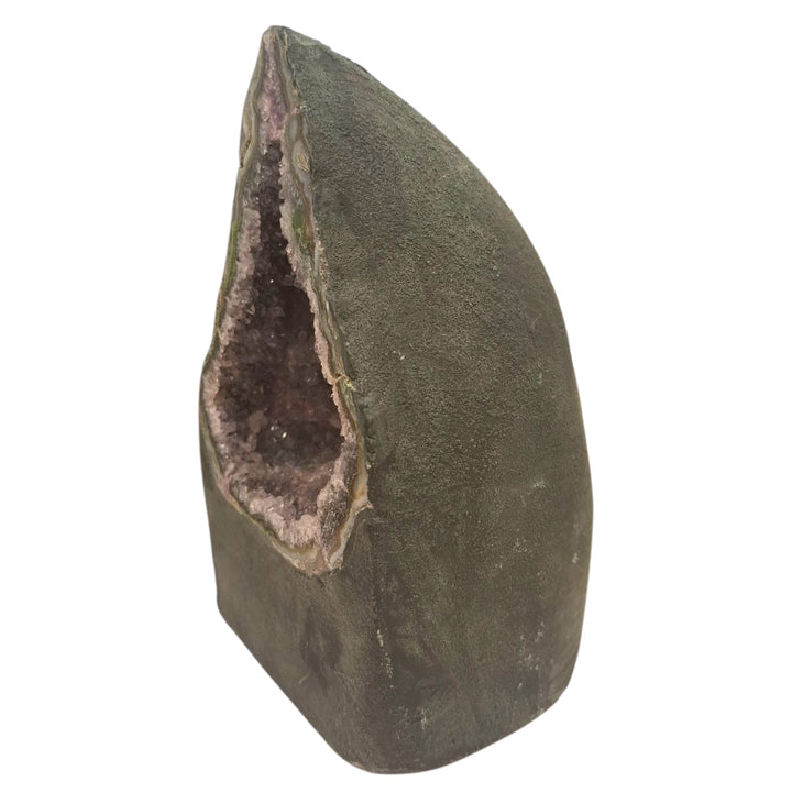 Amethyst geode with internal crystal formation resembling a meditating figure, deep purple crystal points, 2.41kg, perfect for spiritual and calming spaces.