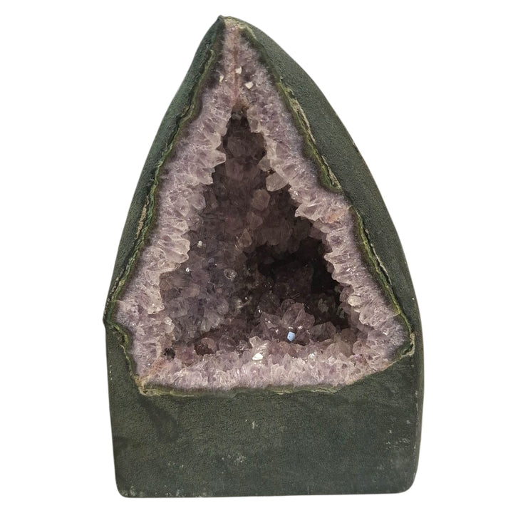 Deep purple amethyst geode with natural open triangle shape, featuring radiant crystal points and angular form, ideal for energy work and décor.
