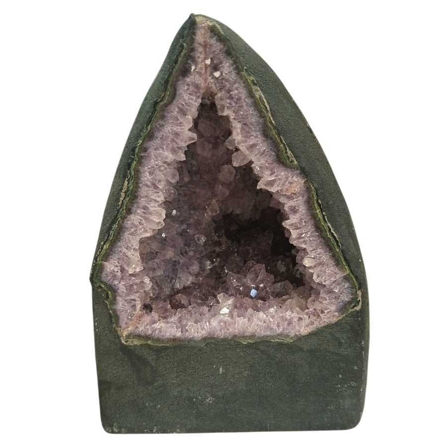 Deep purple amethyst geode with natural open triangle shape, featuring radiant crystal points and angular form, ideal for energy work and décor.