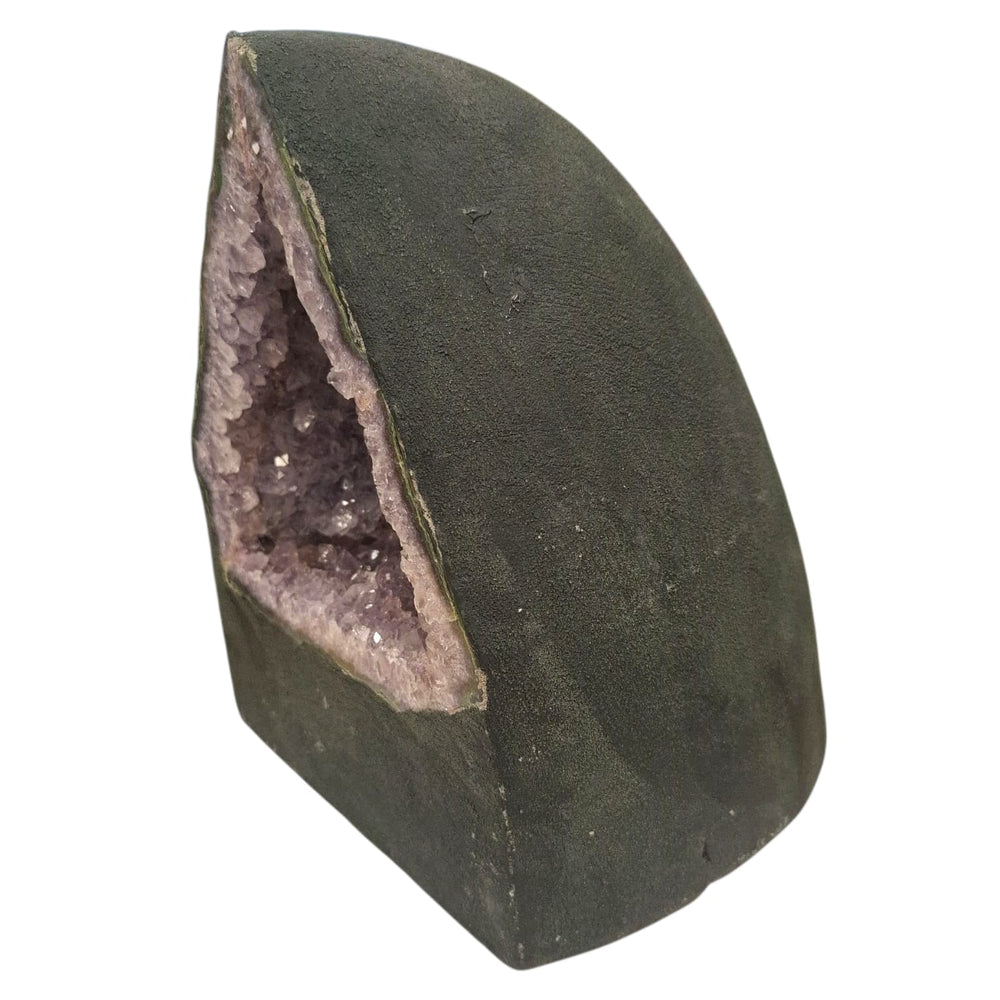 Deep purple amethyst geode with natural open triangle shape, featuring radiant crystal points and angular form, ideal for energy work and décor. side Profile