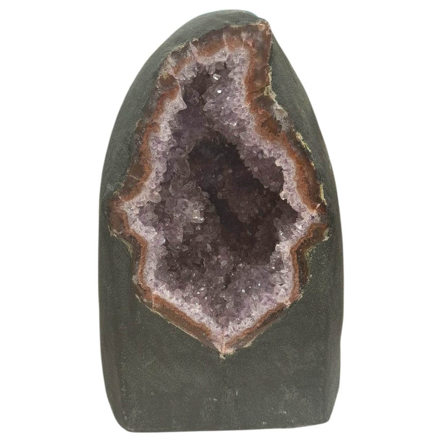 Large amethyst geode with natural star-shaped interior and rose quartz base, 7.19kg, deep violet crystal with soft pink accent, ideal for heart and mind healing. Face On