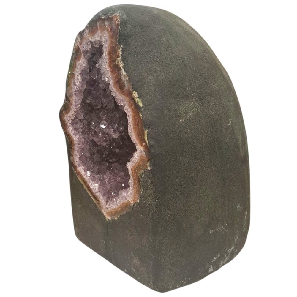 Large amethyst geode with natural star-shaped interior and rose quartz base, 7.19kg, deep violet crystal with soft pink accent, ideal for heart and mind healing.