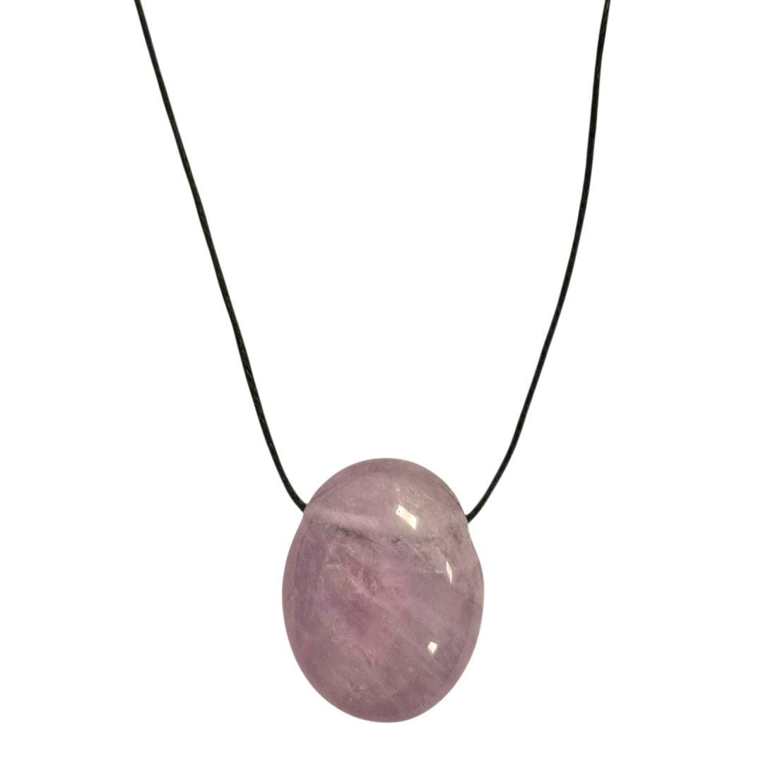 Light Amethyst drilled tumble stone pendant on a black cord  – soft lavender crystal for peace, clarity and spiritual healing