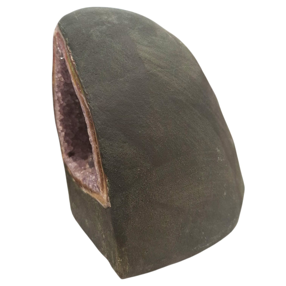 Deep amethyst geode cave with enclosed crystal-lined interior, 3.55kg, ideal for solitude, crystal charging, and spiritual grounding.