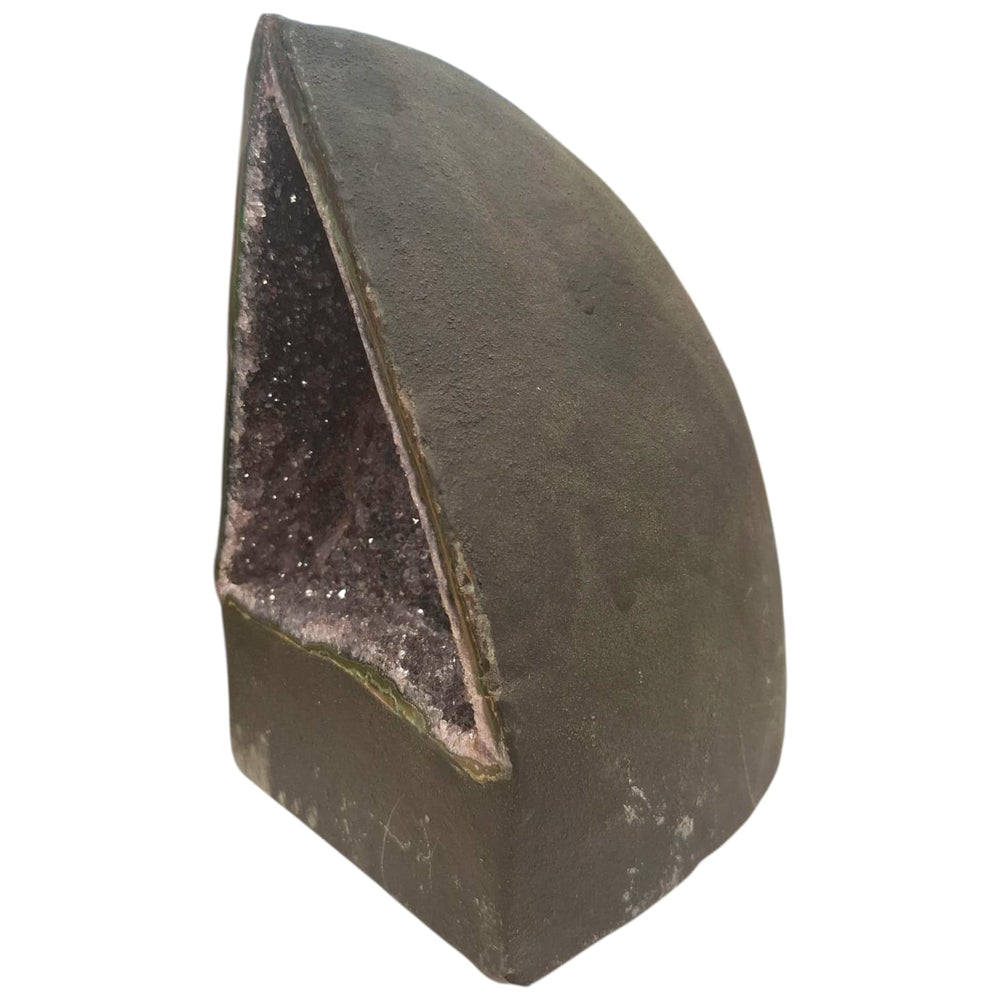 Triangular-shaped amethyst geode with small, deep purple crystals and a light, joyful energy, 4.38kg, ideal for nurturing or creative spaces.