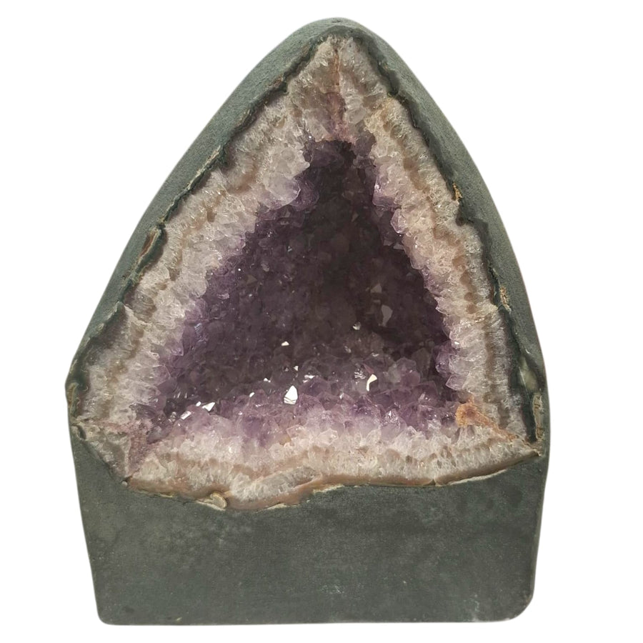 Large amethyst geode with calcite and smokey quartz inclusions at matrix, 5.19kg, featuring deep crystal colour and natural mineral textures.