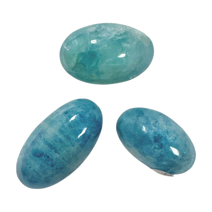 GeoFossils Aquamarine Shiva Linghams – exact crystal shown, polished blue-green beryl for clarity, communication, and emotional balance.