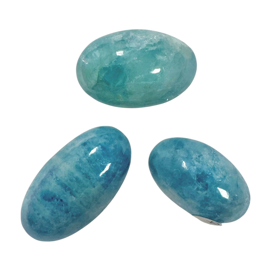 GeoFossils Aquamarine Shiva Linghams – exact crystal shown, polished blue-green beryl for clarity, communication, and emotional balance.