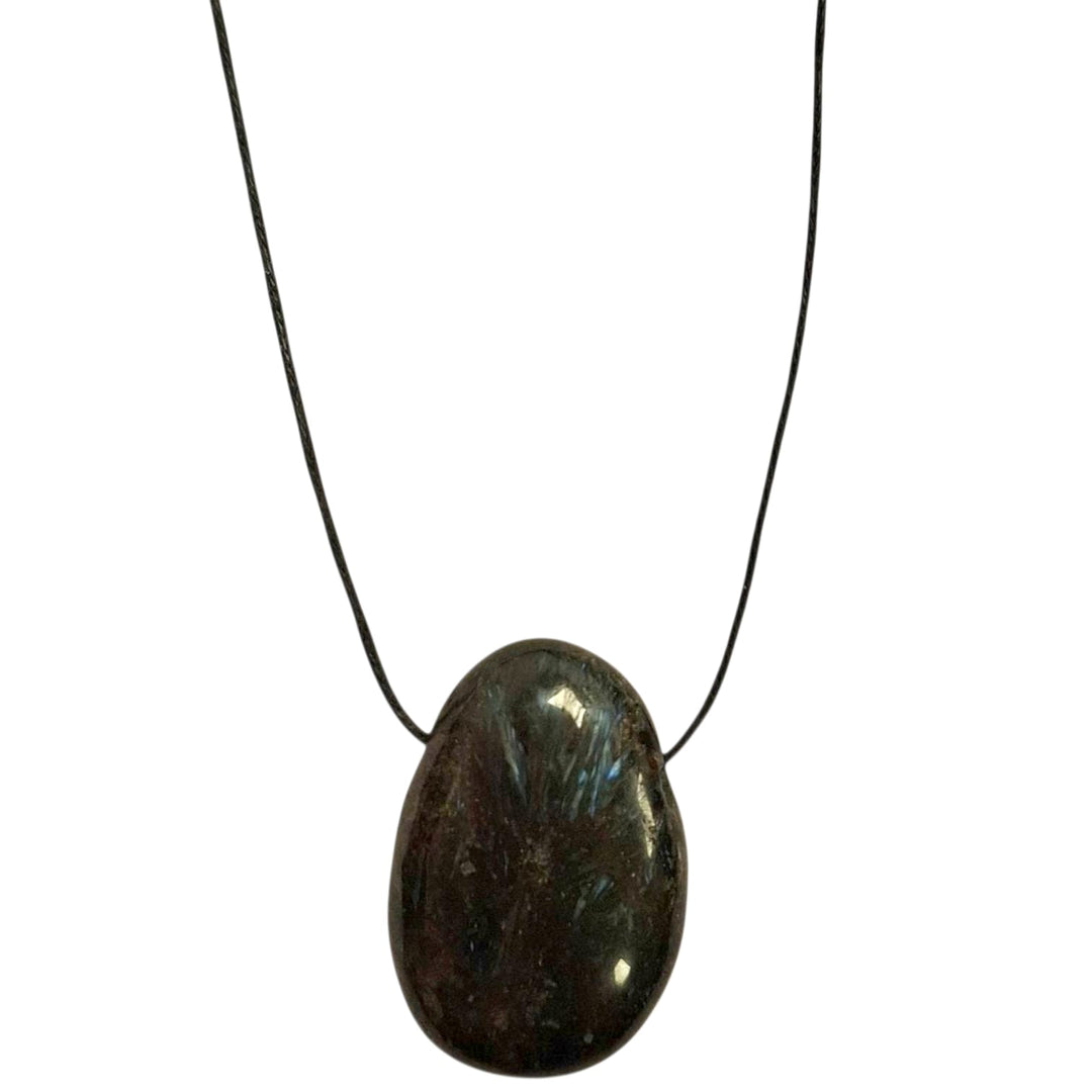 Astrophyllite drilled tumble stone pendant on a black cord – bronze-gold crystal for transformation, insight and self-discovery