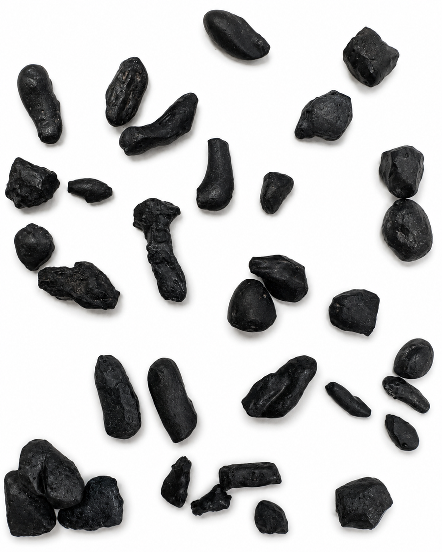 A collection of small, irregular black stones atacama Impact Glass pieces scattered on a plain white background.
