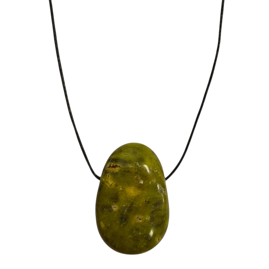 Atlantisite drilled tumble stone pendant on a black cord – green and purple healing crystal for heart energy, protection and past-life insight