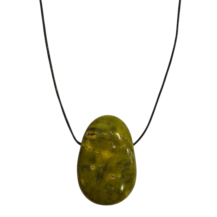 Atlantisite drilled tumble stone pendant on a black cord – green and purple healing crystal for heart energy, protection and past-life insight