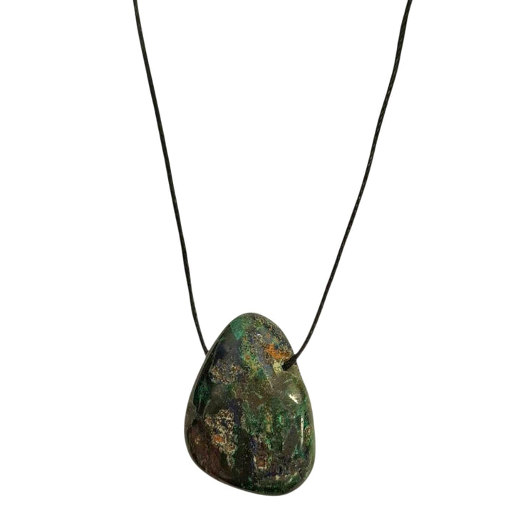 Azurite drilled tumble stone pendant on a black cord – deep blue crystal for spiritual insight, mental clarity and intuitive development