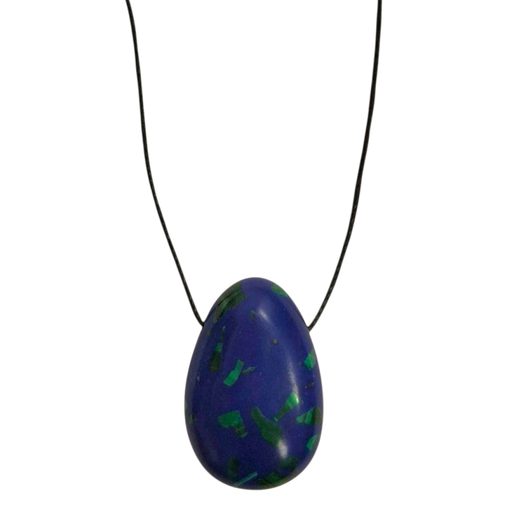 Azurite in Malachite drilled tumble stone pendant on a black cord – vivid blue and green crystal for intuition, heart healing and energetic balance