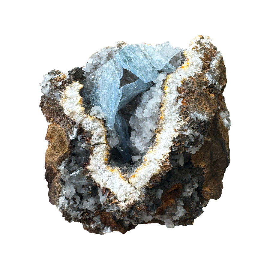 Blue Baryte crystal specimen on iron-rich matrix from Morocco with sky-blue tabular crystals and white druzy formations.