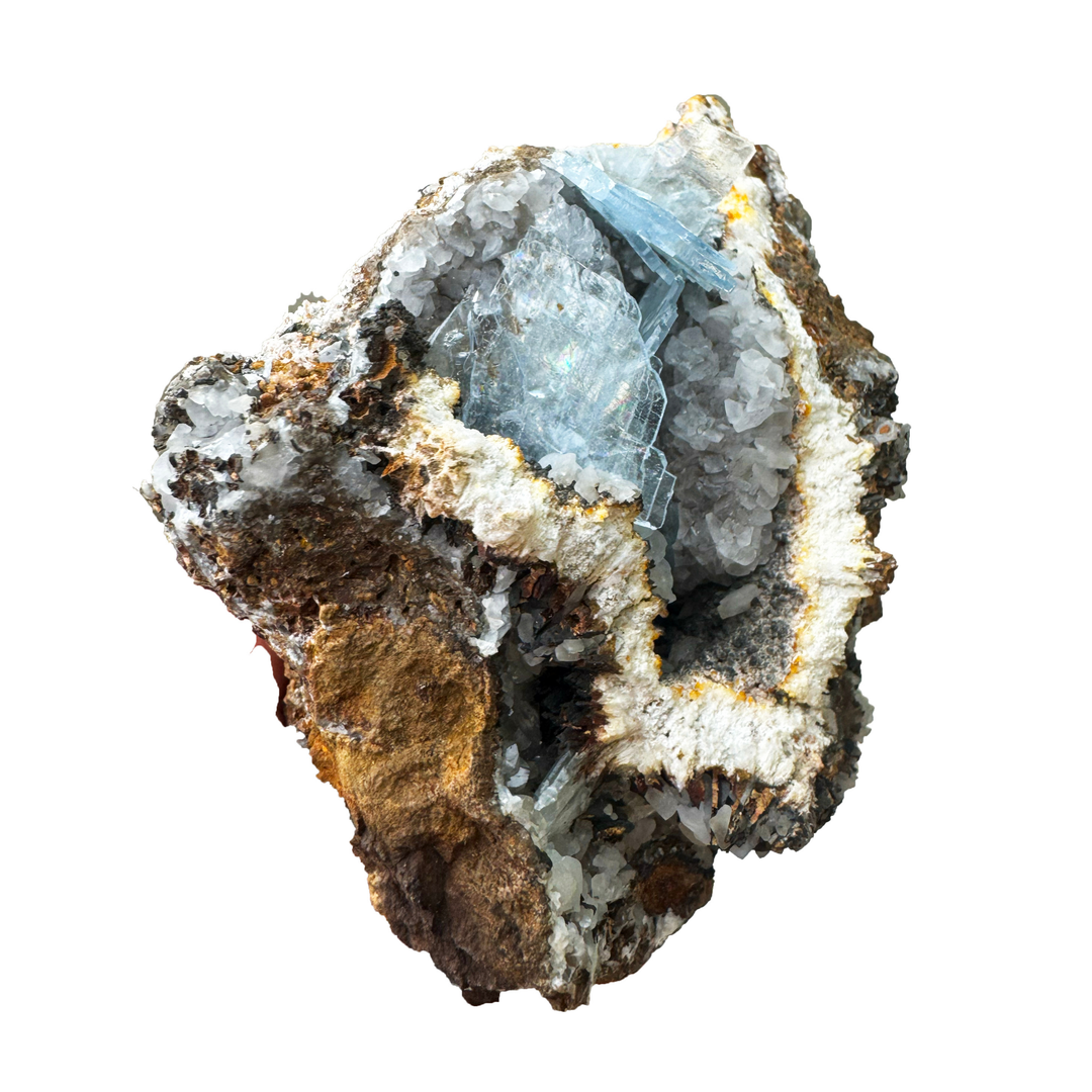 Natural blue Baryte crystal cluster with druzy mineral formations and oxidised rock matrix, one-off premium specimen.