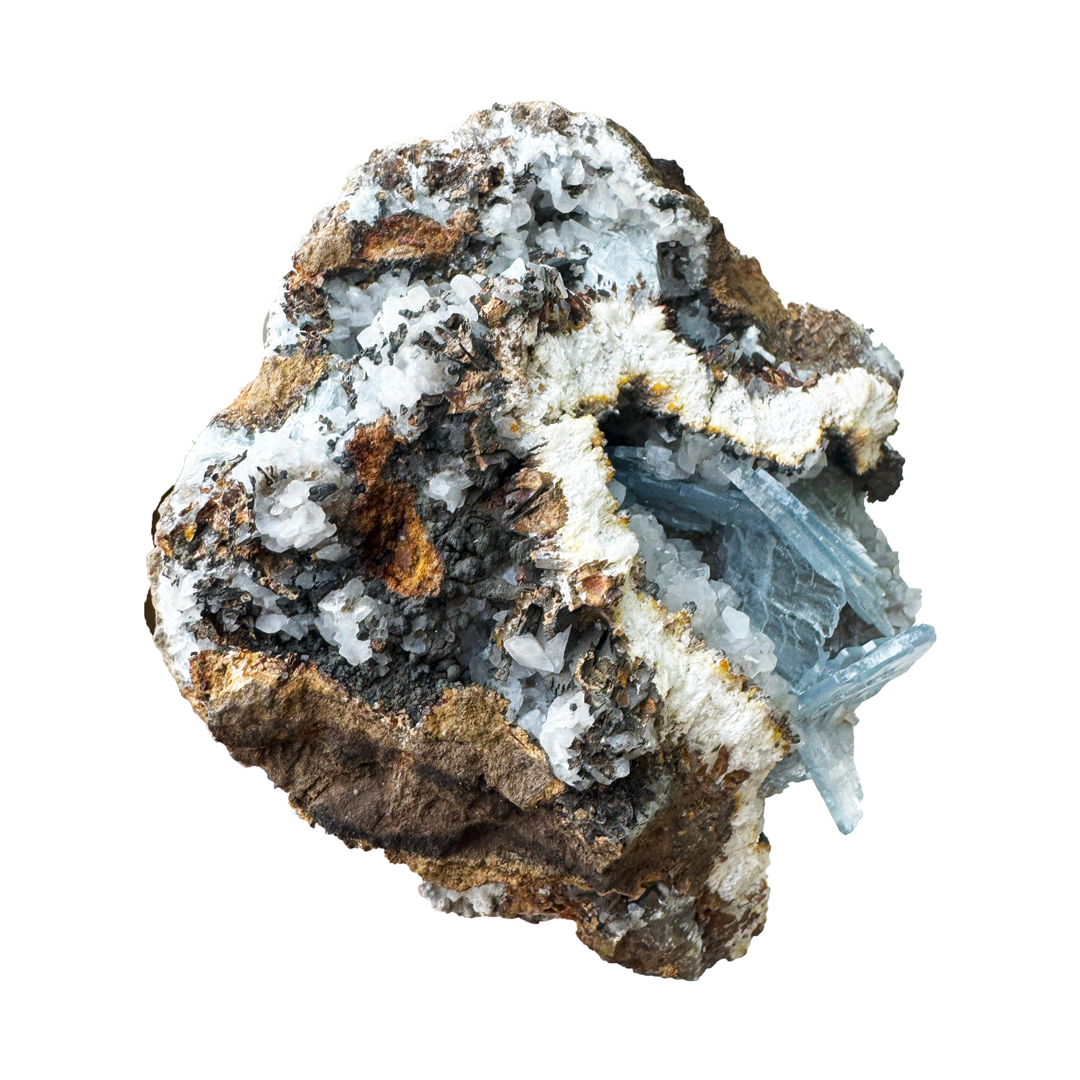 High-quality blue Baryte mineral specimen displaying layered tabular crystals, crystal matrix textures, and natural geological structure.
