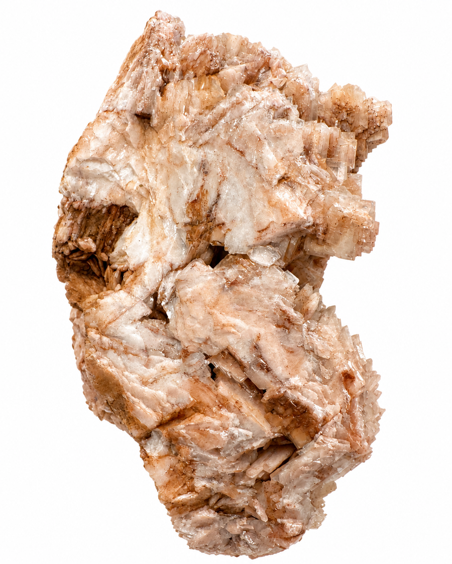 Front view of a natural Baryte specimen from Ton Mawr Quarry, Cardiff, Wales, displaying cream and peach tabular crystals on a white background.