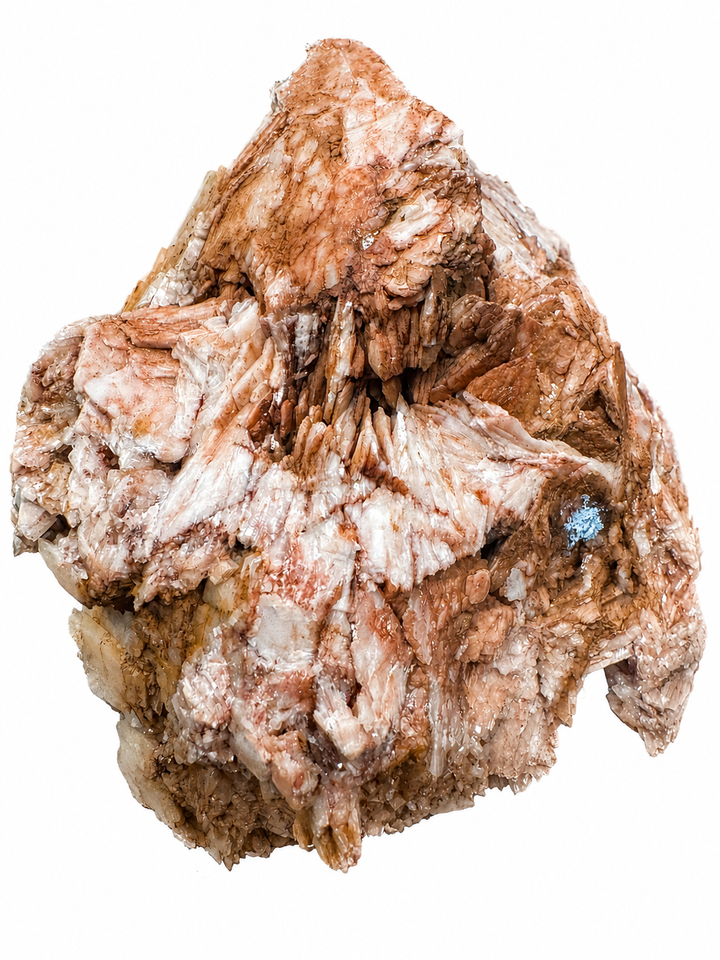 Angled view of a natural Baryte mineral specimen from Ton Mawr Quarry, Wales, showing layered crystal growth and natural iron staining.