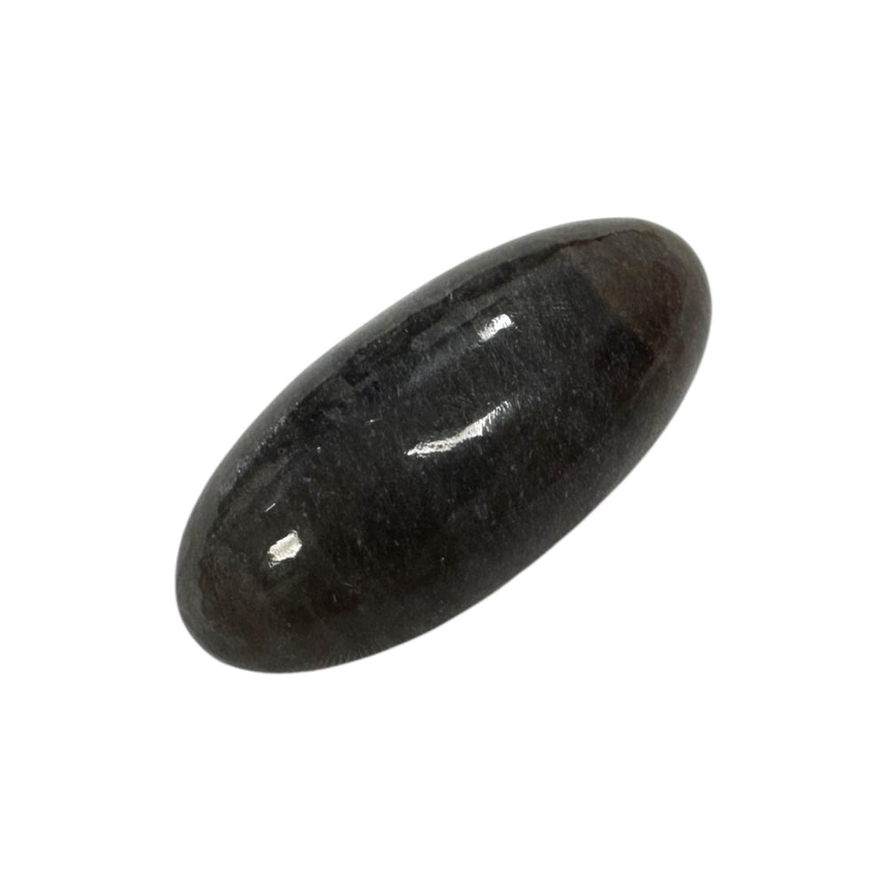 GeoFossils Black Moonstone Shiva Lingham 25mm – intuitively picked, polished dark moonstone crystal for grounding, intuition, and balance.