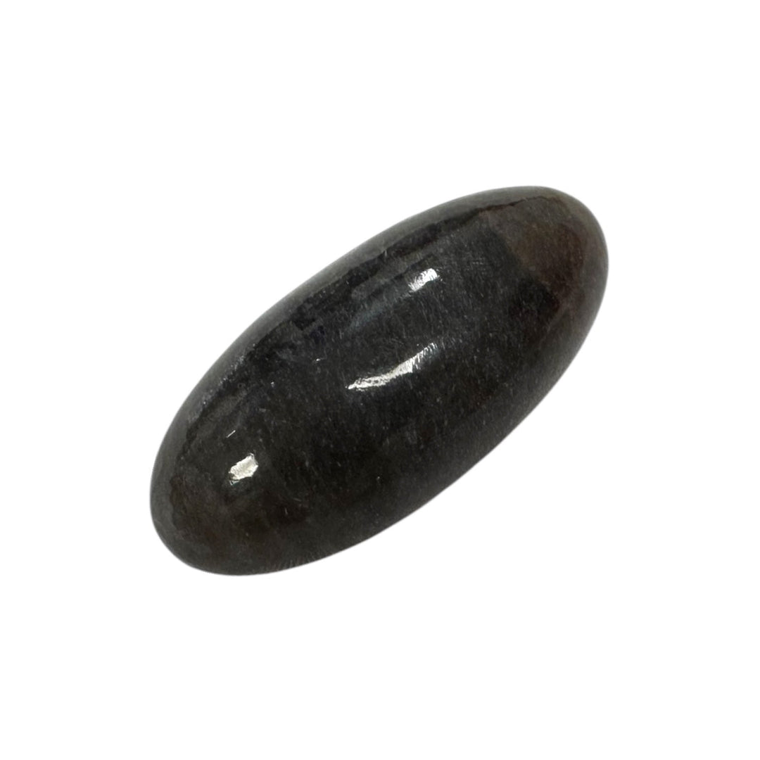 GeoFossils Black Moonstone Shiva Lingham 25mm – intuitively picked, polished dark moonstone crystal for grounding, intuition, and balance.