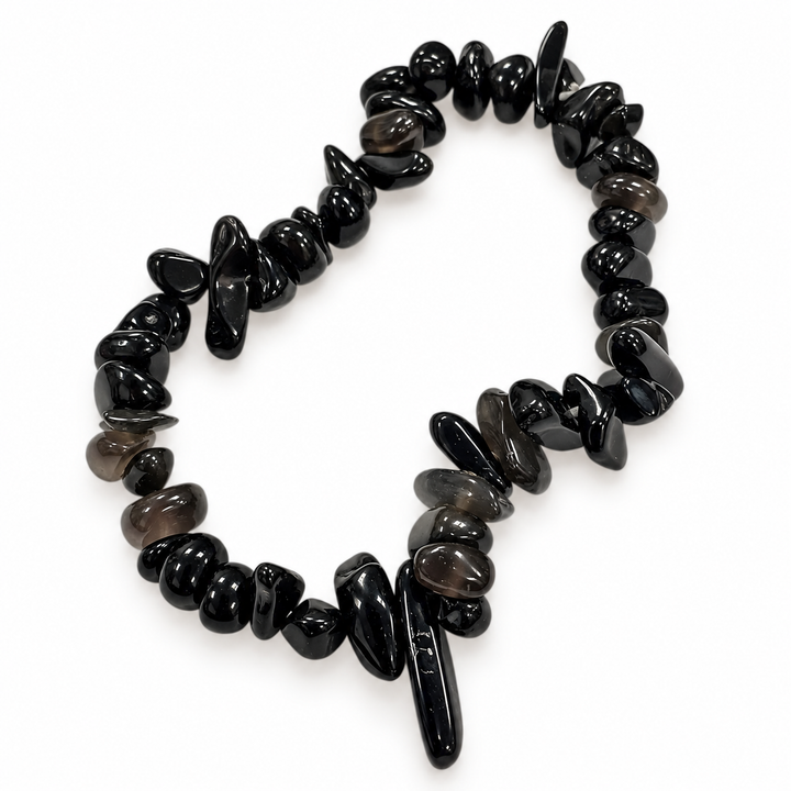 Black Obsidian gemstone chip bracelet featuring irregular polished black stone beads arranged in a circular design, included in the GeoFossils Scorpio Zodiac Crystal Set
