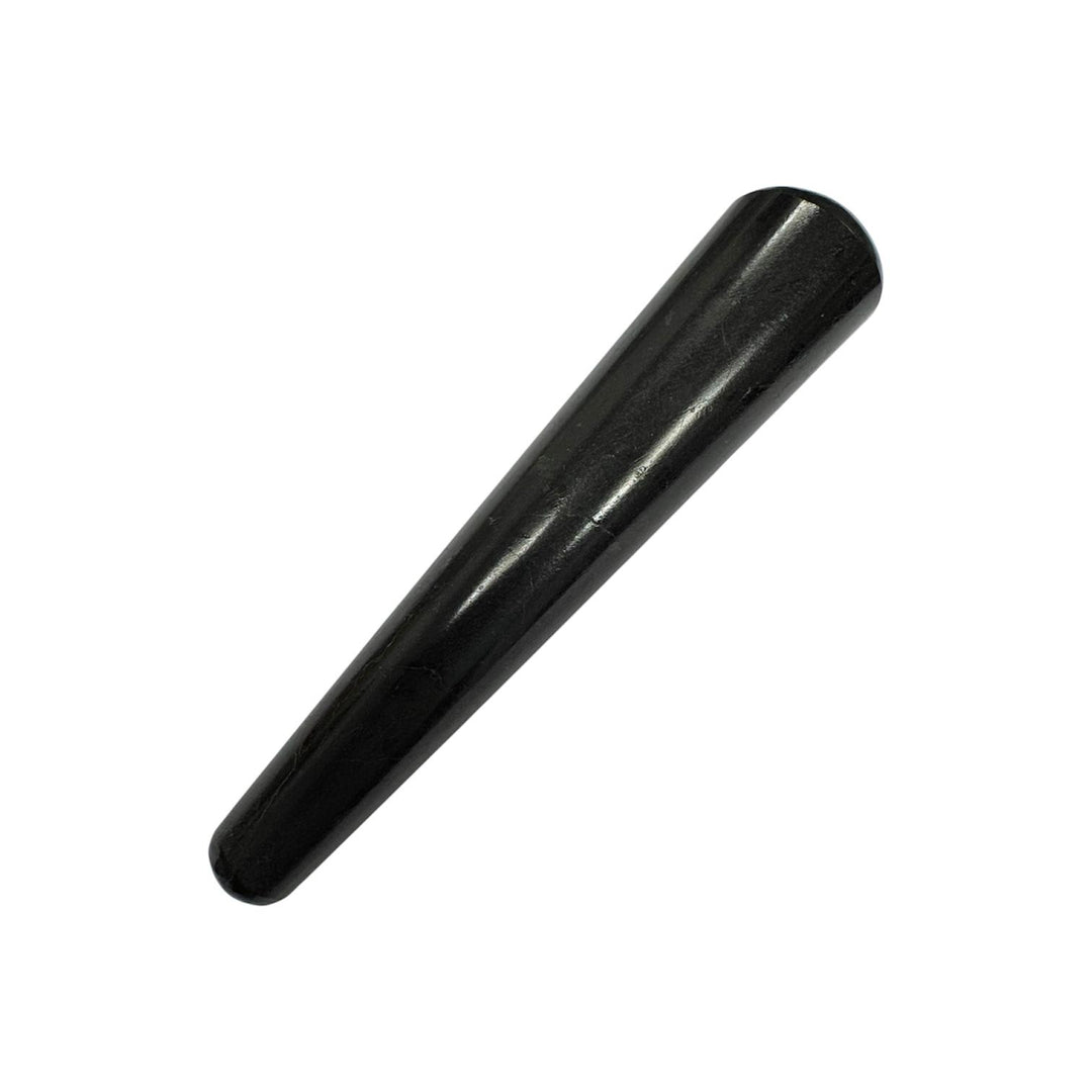 Polished Black Tourmaline crystal massage wand with a deep black hue and subtle striations, shaped into a smooth cylindrical form with rounded ends, used for grounding massage, energy protection, and EMF shielding.