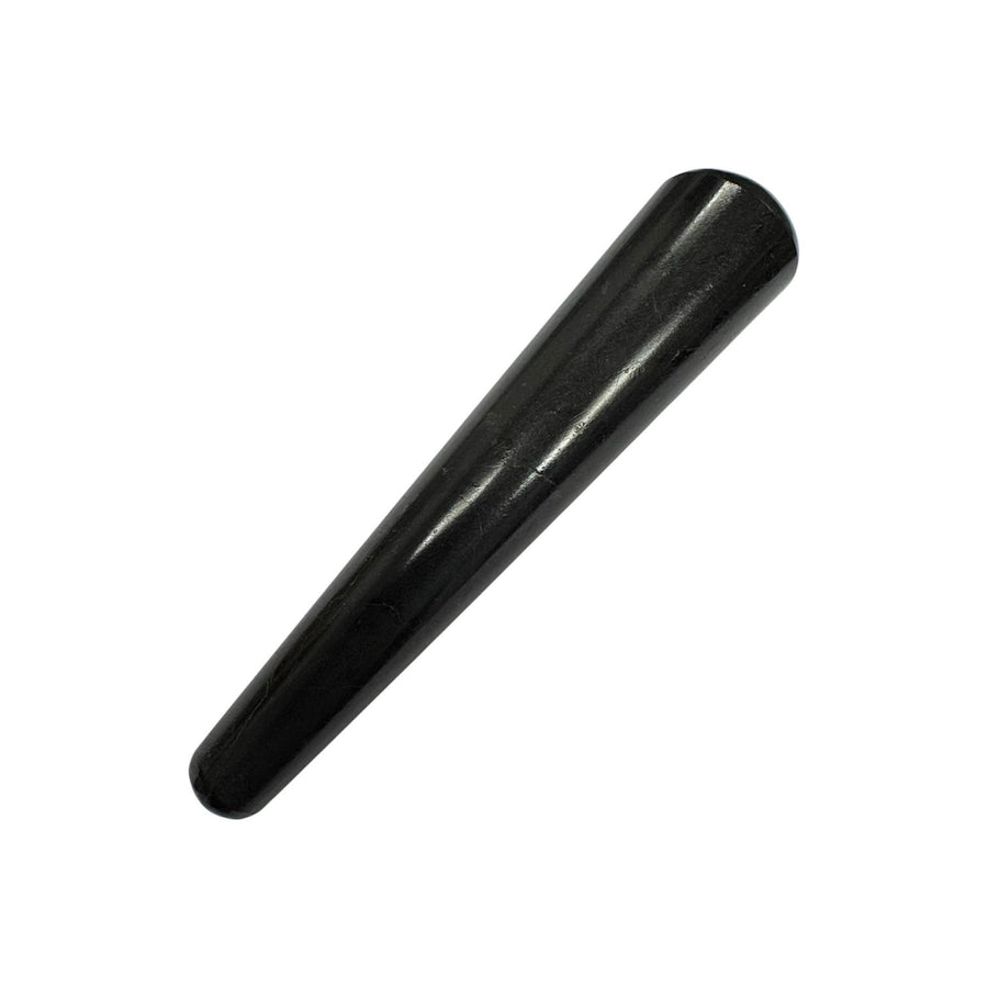 Polished Black Tourmaline crystal massage wand with a deep black hue and subtle striations, shaped into a smooth cylindrical form with rounded ends, used for grounding massage, energy protection, and EMF shielding.