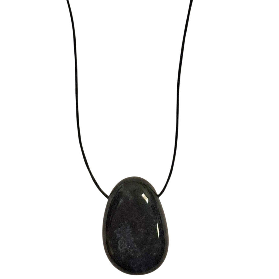 Black Onyx drilled tumble stone pendant on a black cord – polished black crystal for protection, grounding and inner strength