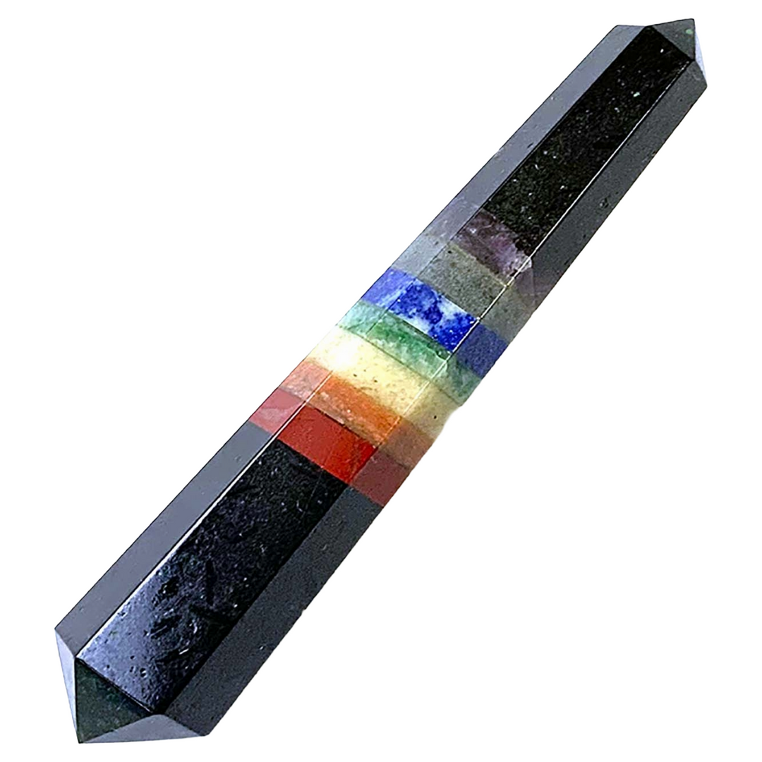 GeoFossils Black Tourmaline Chakra Wand – double terminated with seven bonded chakra stones