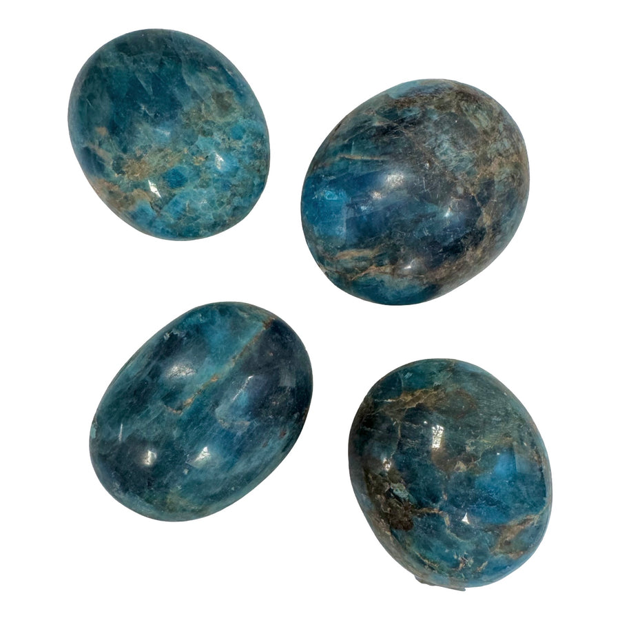 GeoFossils Blue Apatite Galet – exact polished crystal shown, deep blue phosphate mineral for manifestation, communication, and clarity. Hand-prepared in the UK.