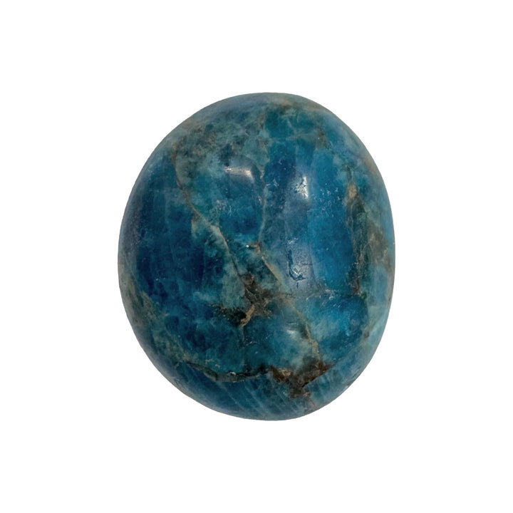 GeoFossils Blue Apatite Galet – exact polished crystal shown, deep blue phosphate mineral for manifestation, communication, and clarity. Hand-prepared in the UK.