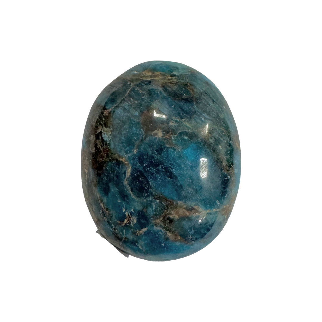 GeoFossils Blue Apatite Galet – exact polished crystal shown, deep blue phosphate mineral for manifestation, communication, and clarity. Hand-prepared in the UK.