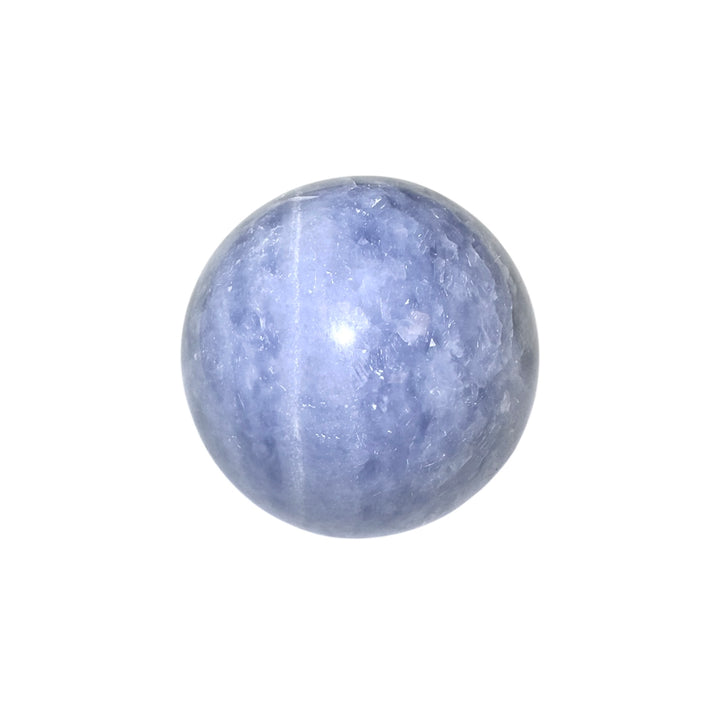 GeoFossils Blue Calcite Sphere 75mm – Madagascan crystal sphere for calm, clarity, and communication, polished sky-blue calcite gemstone sphere made in the UK.