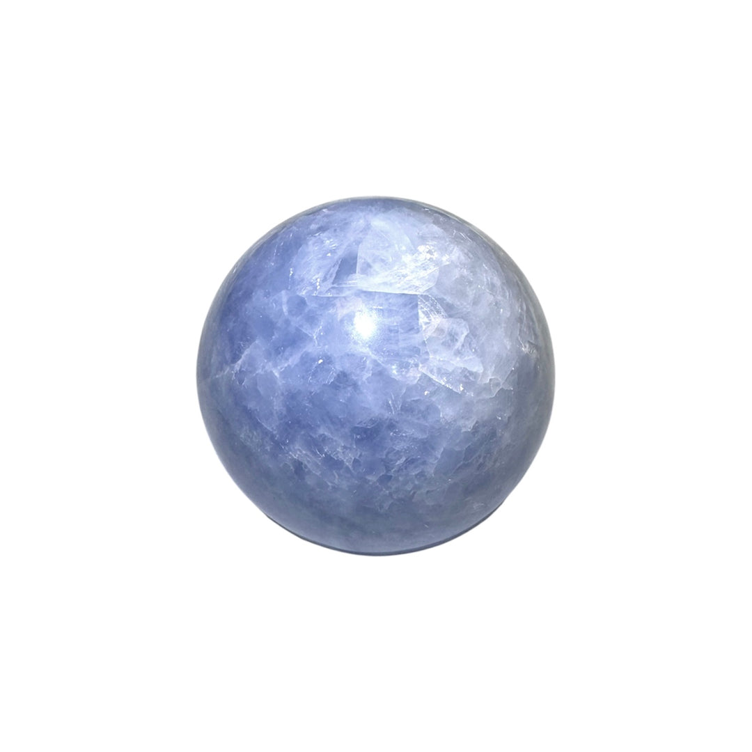 GeoFossils Blue Calcite Sphere 75mm – Madagascan crystal sphere for calm, clarity, and communication, polished sky-blue calcite gemstone sphere made in the UK.