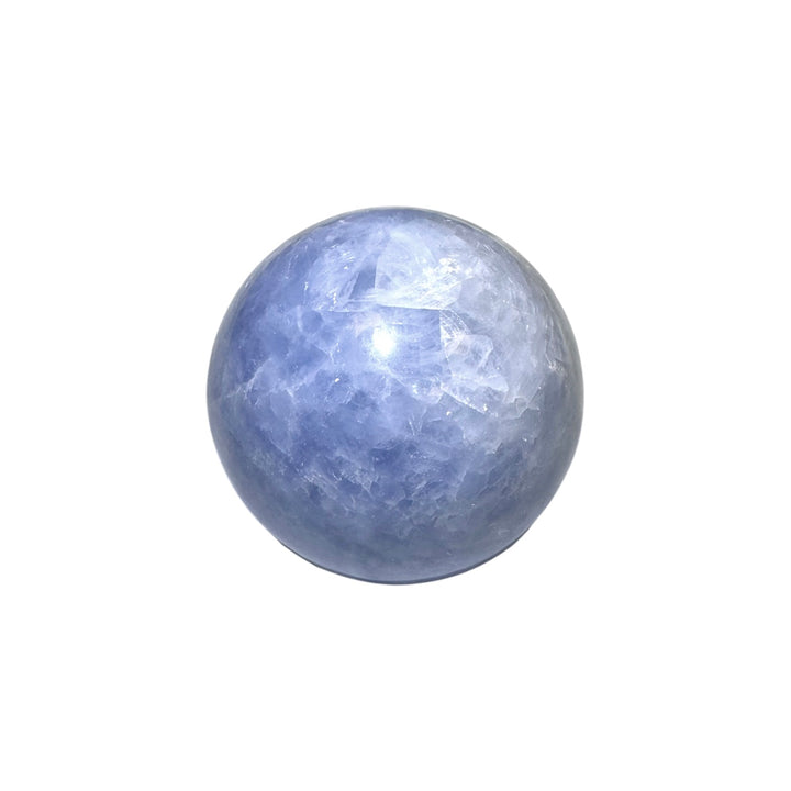 GeoFossils Blue Calcite Sphere 75mm – Madagascan crystal sphere for calm, clarity, and communication, polished sky-blue calcite gemstone sphere made in the UK.