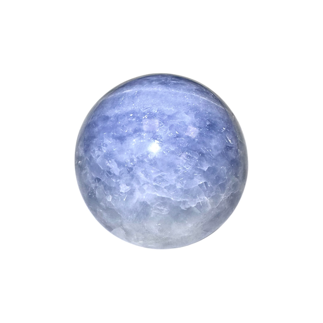 GeoFossils Blue Calcite Sphere 75mm – Madagascan crystal sphere for calm, clarity, and communication, polished sky-blue calcite gemstone sphere made in the UK.