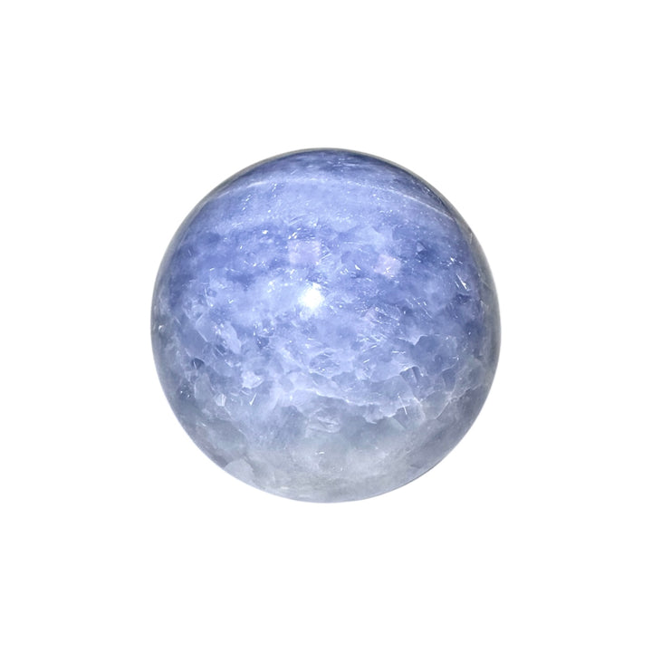 GeoFossils Blue Calcite Sphere 75mm – Madagascan crystal sphere for calm, clarity, and communication, polished sky-blue calcite gemstone sphere made in the UK.