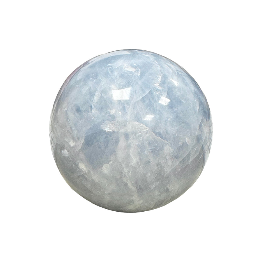 GeoFossils Blue Calcite Sphere 60mm – exact crystal shown, polished blue sphere for calm, communication, and emotional clarity.